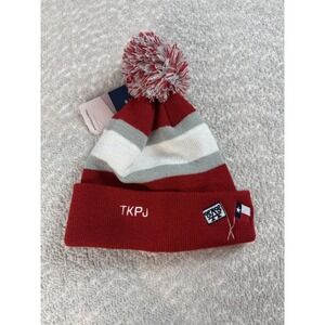 NWT Ahead Authentics Unisex Pom Beania Knit Acrylic Hat Red White One Size